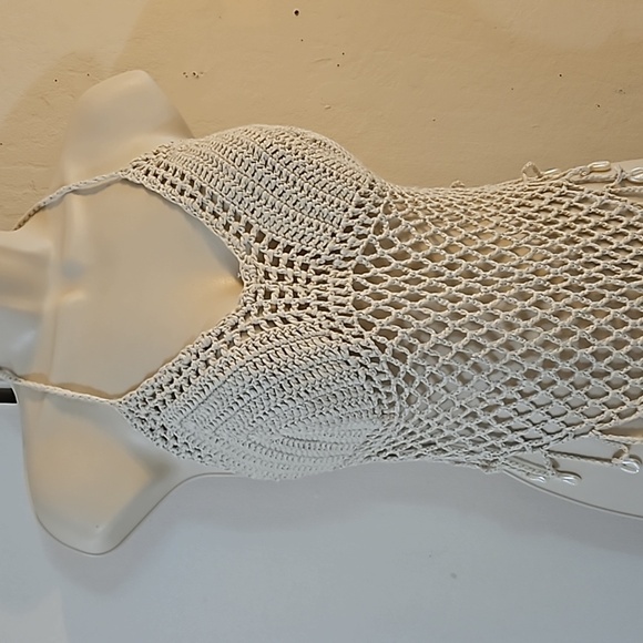 Hand Crafted Tan Crop-Top Fishnet triangular Design Hand Knit Crochet Swim Cover - Picture 9 of 17